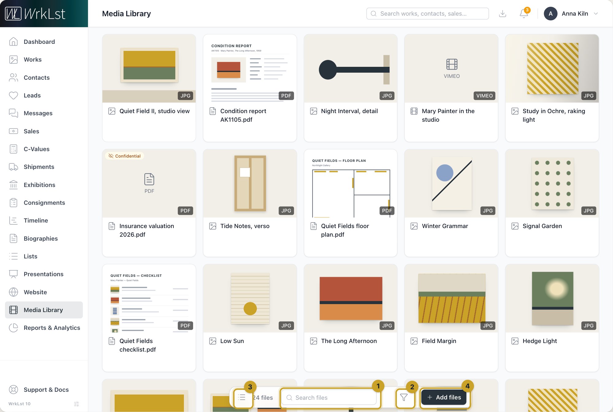 The Media Library: 1 Search files · 2 Filter · 3 List view · 4 Add files