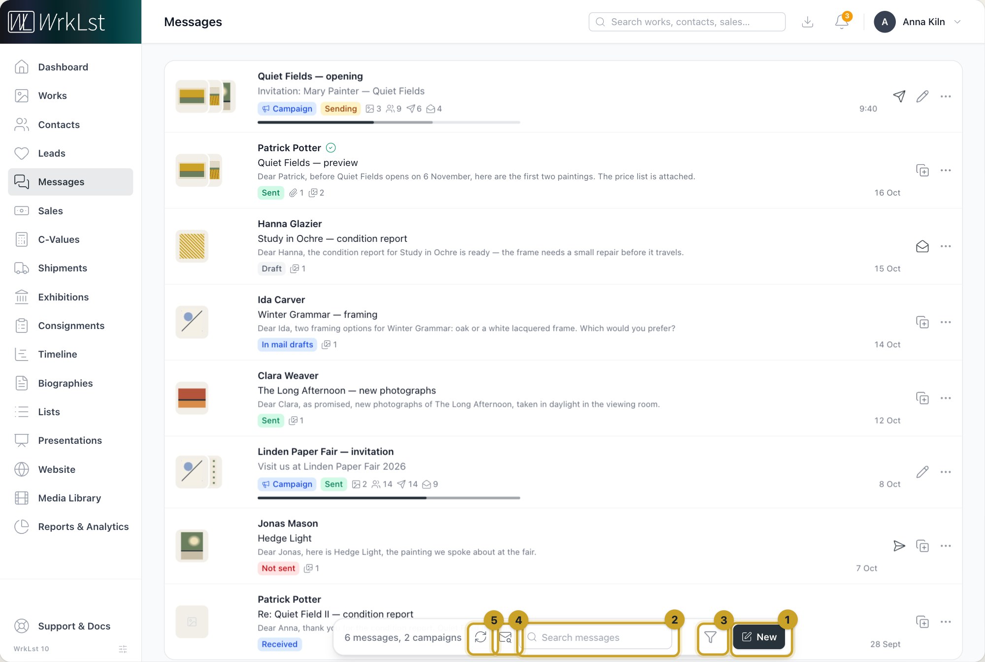 Messages: 1 New · 2 Search messages · 3 Filter messages · 4 Find mail in your mailbox · 5 Refresh the mailbox