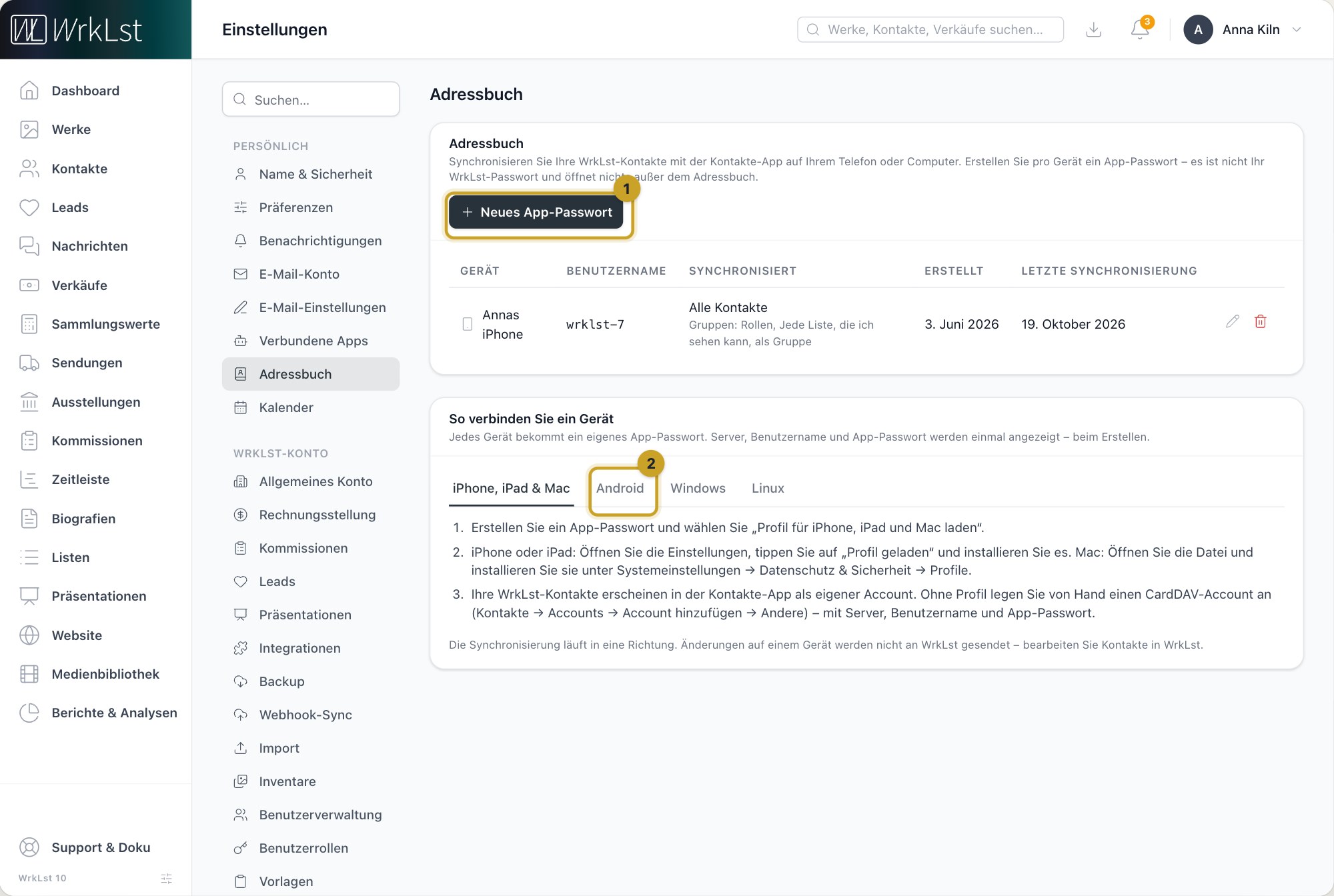 Einstellungen → Adressbuch: 1 Neues App-Passwort · 2 Android