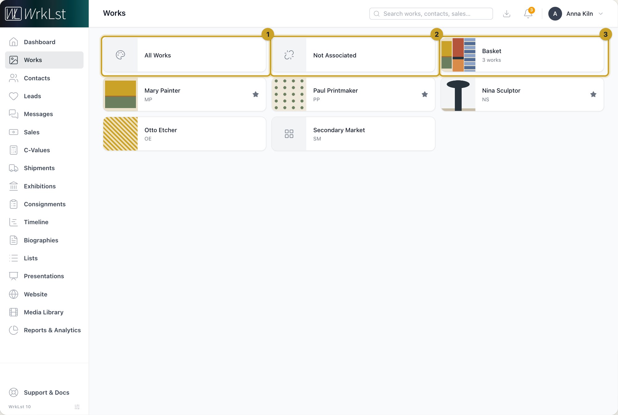 Opening Works: a card for each inventory, plus 1 All Works · 2 Not Associated · 3 Basket