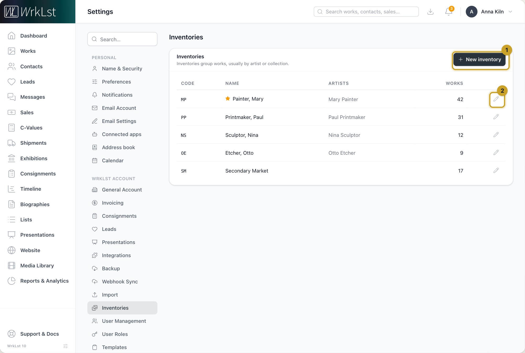 Settings → Inventories: 1 New inventory · 2 Edit