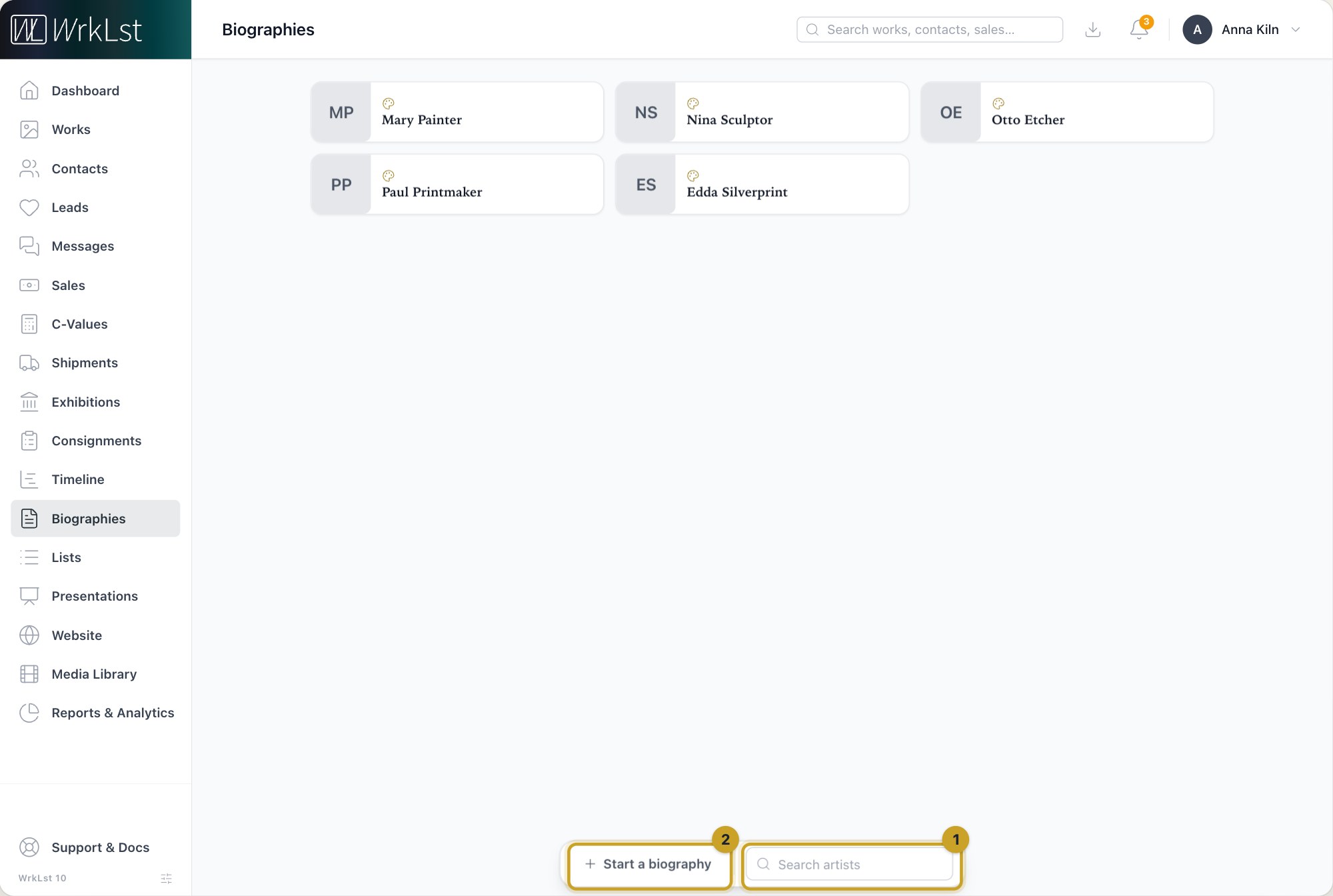 Biographies: 1 Search artists · 2 Start a biography