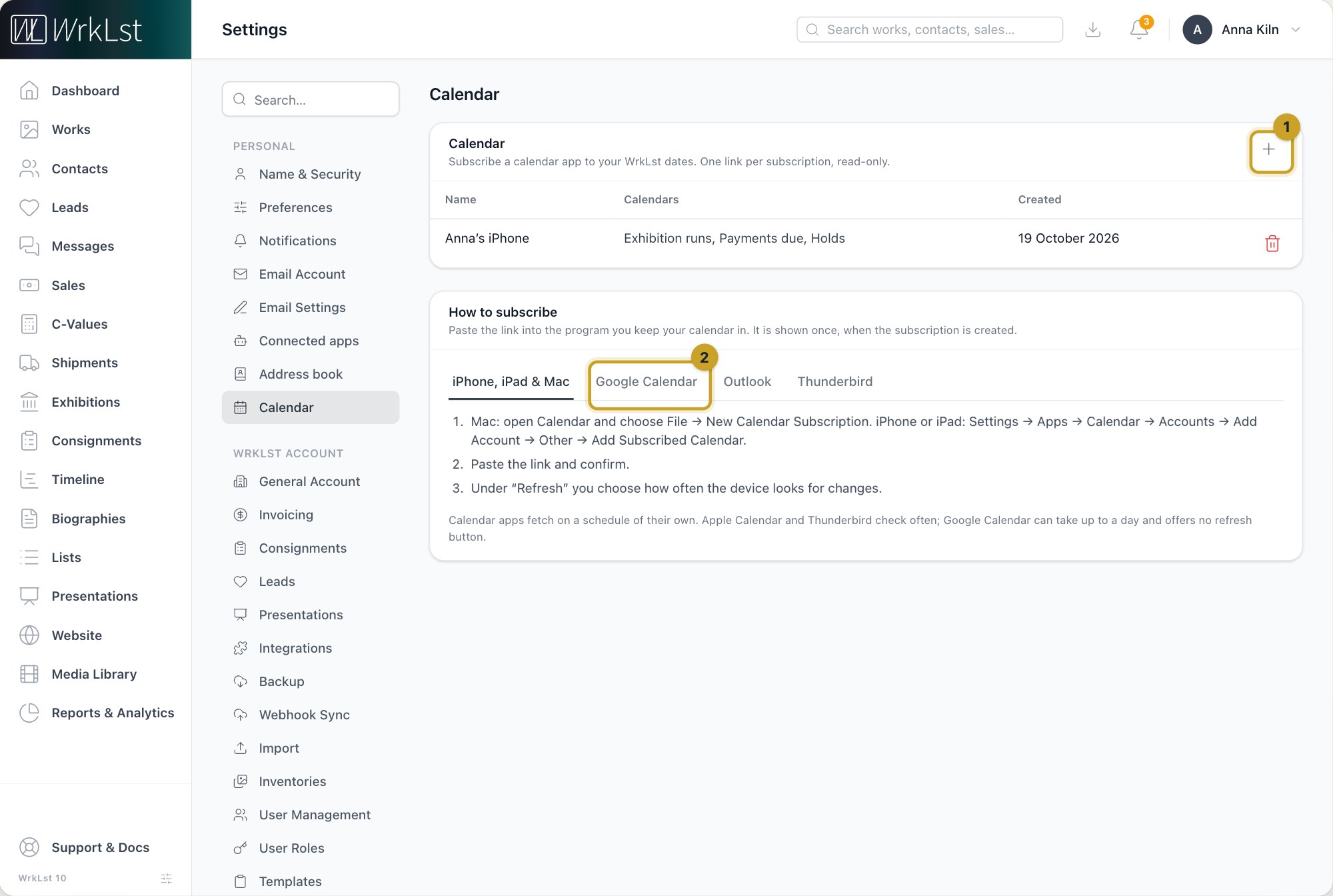 Settings → Calendar: 1 Add a subscription · 2 Google Calendar