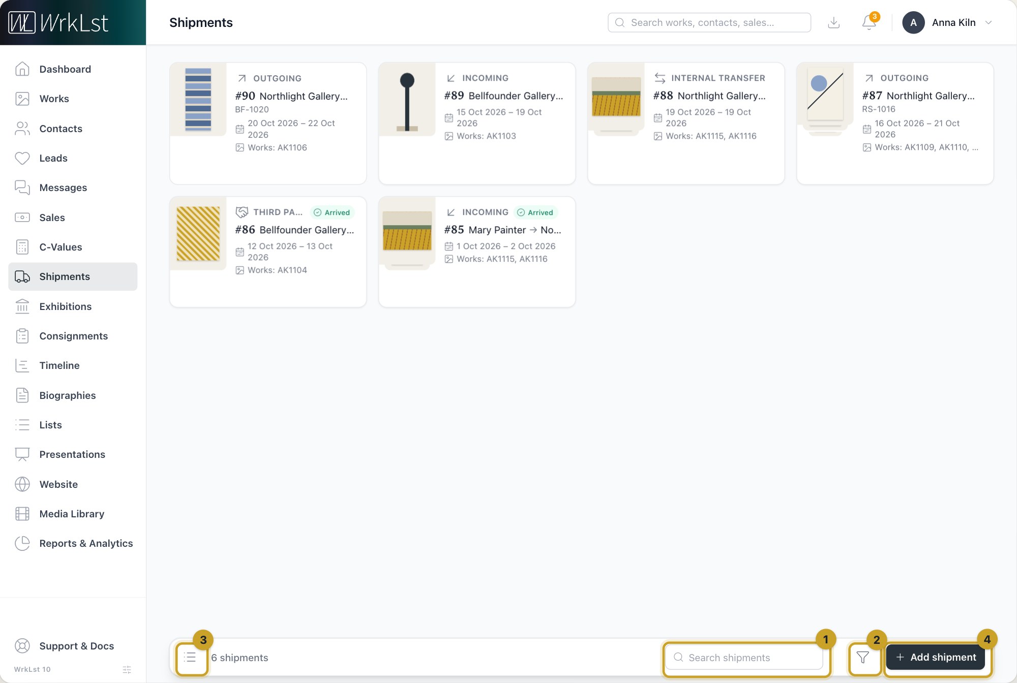 The shipments list: 1 Search shipments · 2 Filter · 3 Table view · 4 Add shipment