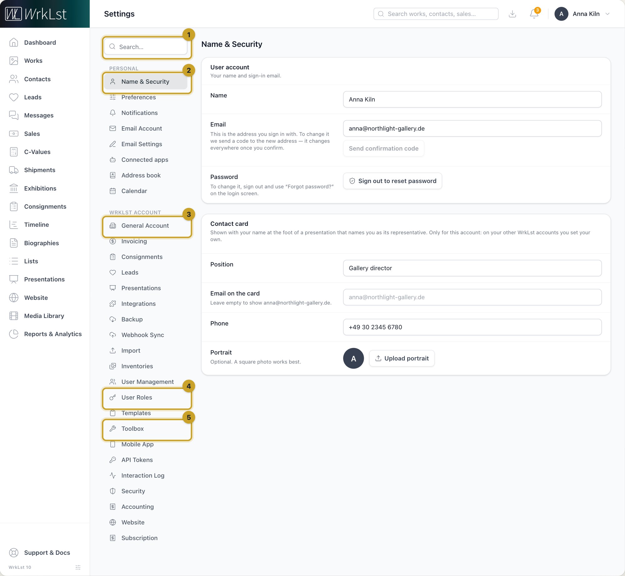 The settings menu: 1 Search settings · 2 Name & Security · 3 General Account · 4 User Roles · 5 Toolbox
