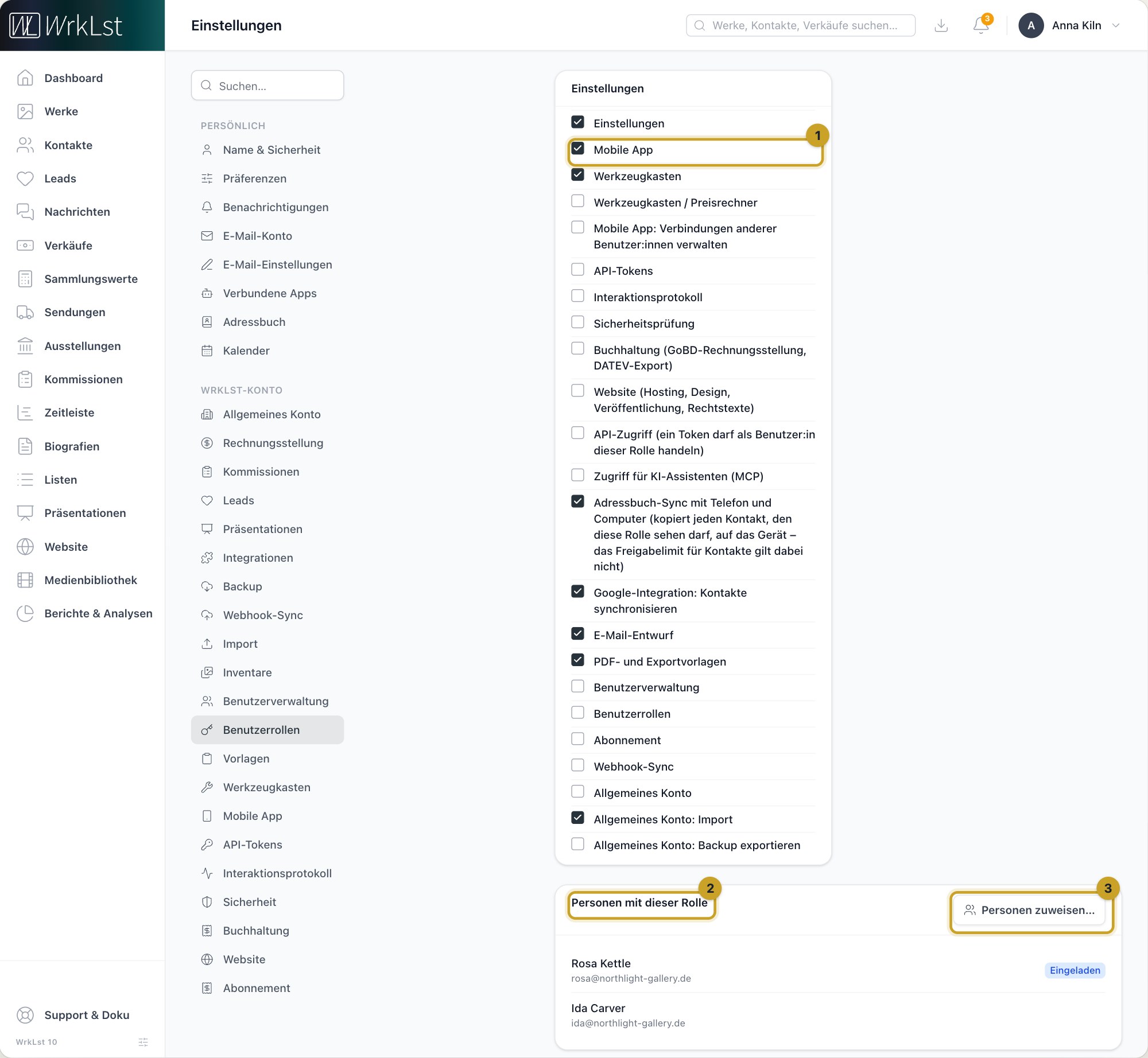Weiter unten in einer Rolle: 1 Mobile App · 2 Personen mit dieser Rolle · 3 Personen zuweisen…
