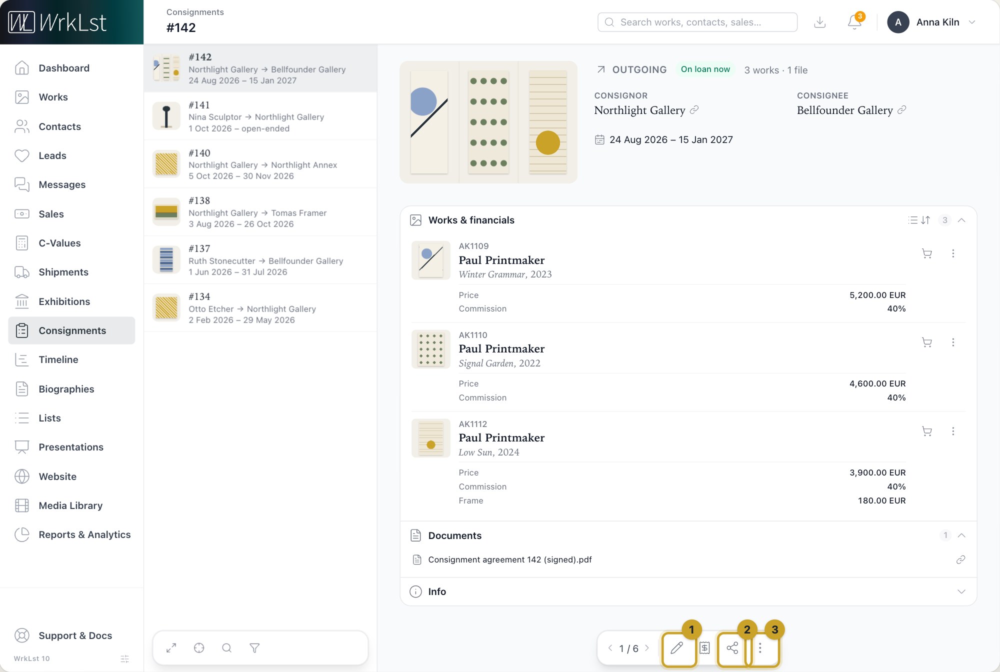 A consignment record: 1 Edit consignment · 2 Share / export as · 3 More actions