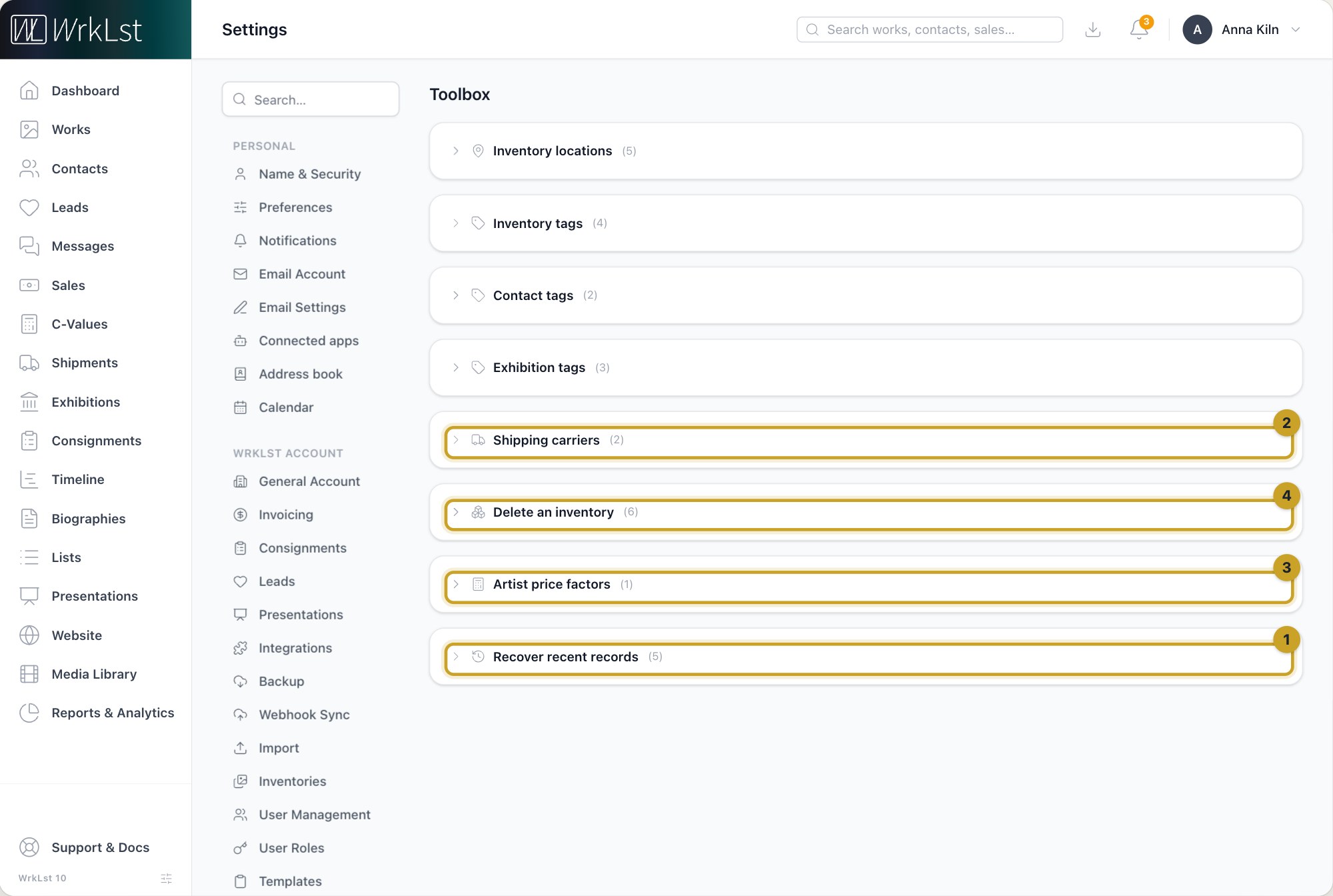 Settings → Toolbox: 1 Recover recent records · 2 Shipping carriers · 3 Artist price factors · 4 Delete an inventory