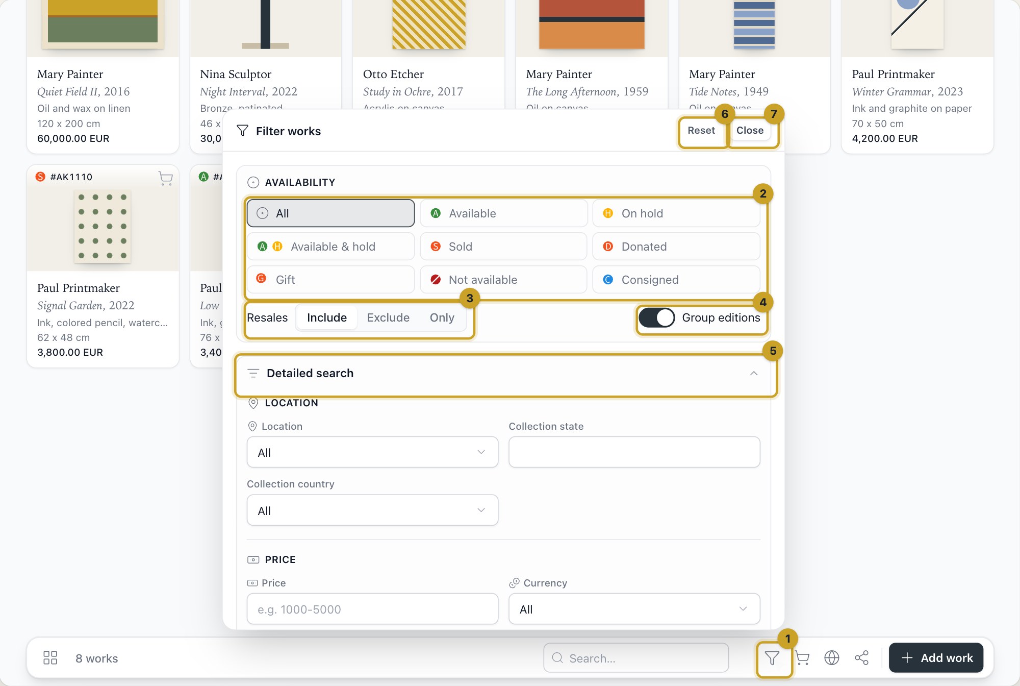 The filter panel: 1 Filter · 2 Availability · 3 Resales · 4 Group editions · 5 Detailed search · 6 Reset · 7 Close