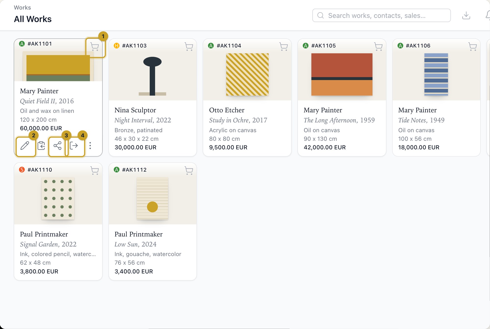 The buttons on a work card: 1 Add to basket · 2 Edit · 3 Share as · 4 Actions