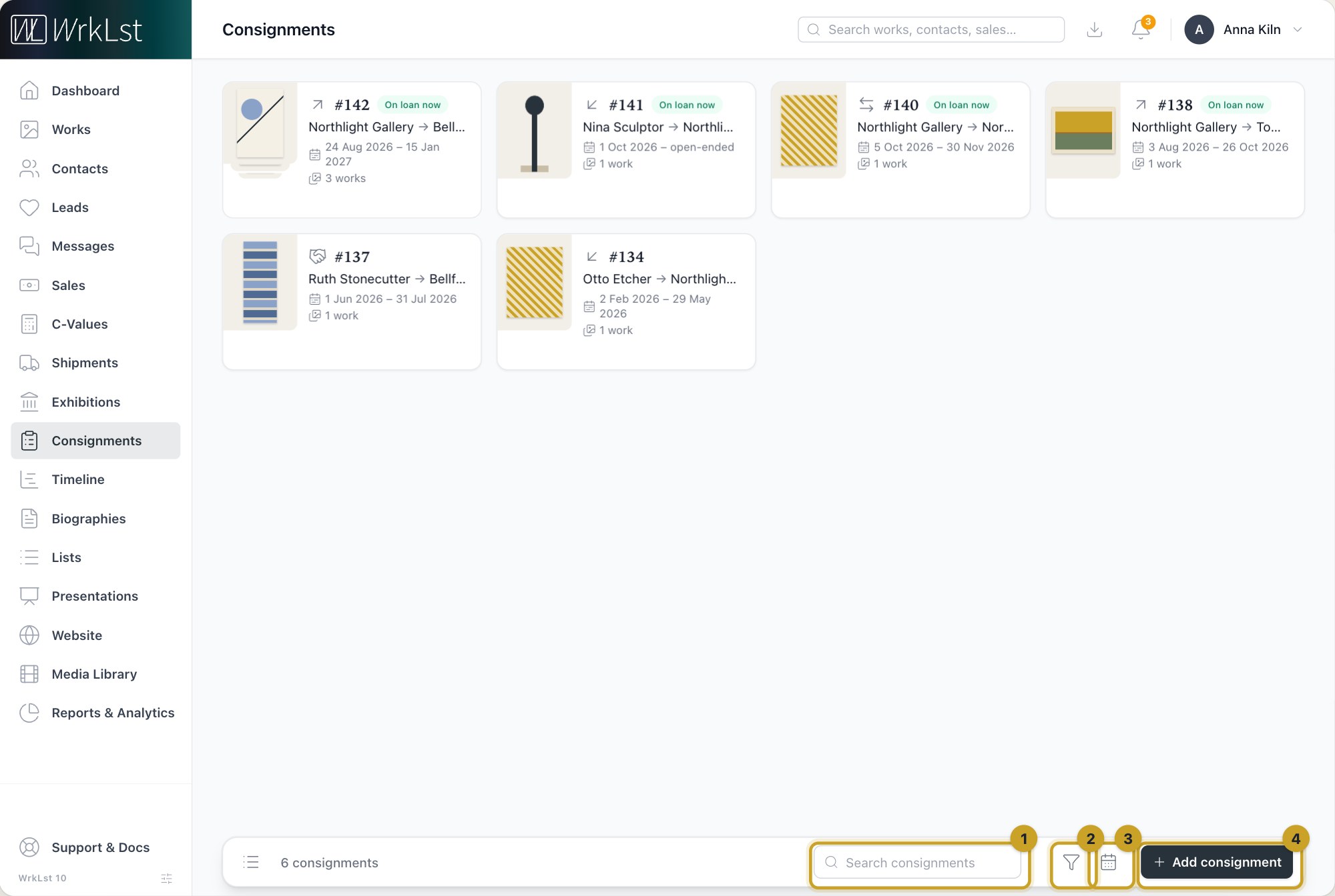 The consignments list: 1 Search consignments · 2 Filter · 3 Calendar · 4 Add consignment