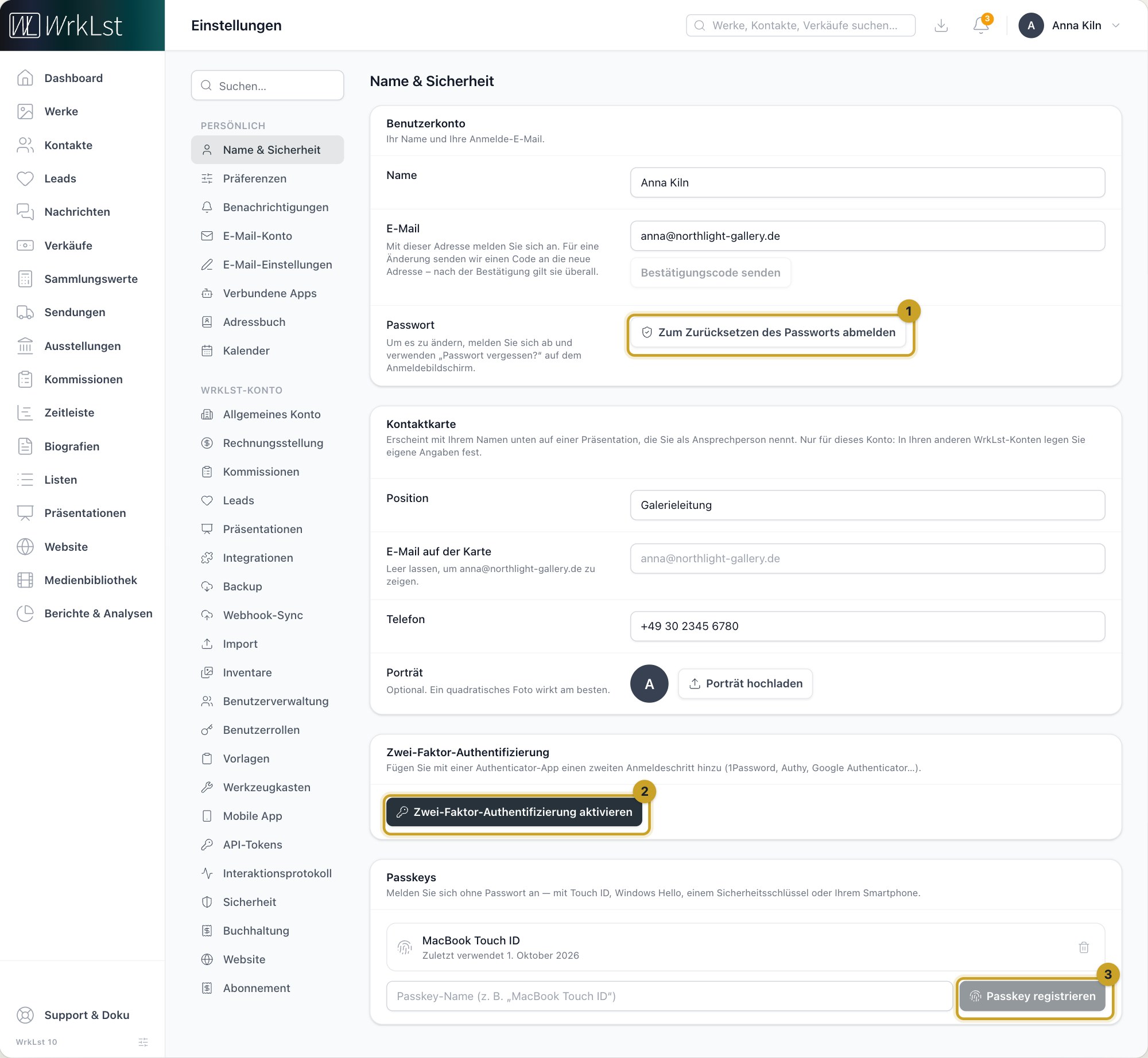 Einstellungen → Name & Sicherheit: 1 Passwort · 2 Zwei-Faktor-Authentifizierung aktivieren · 3 Passkey registrieren