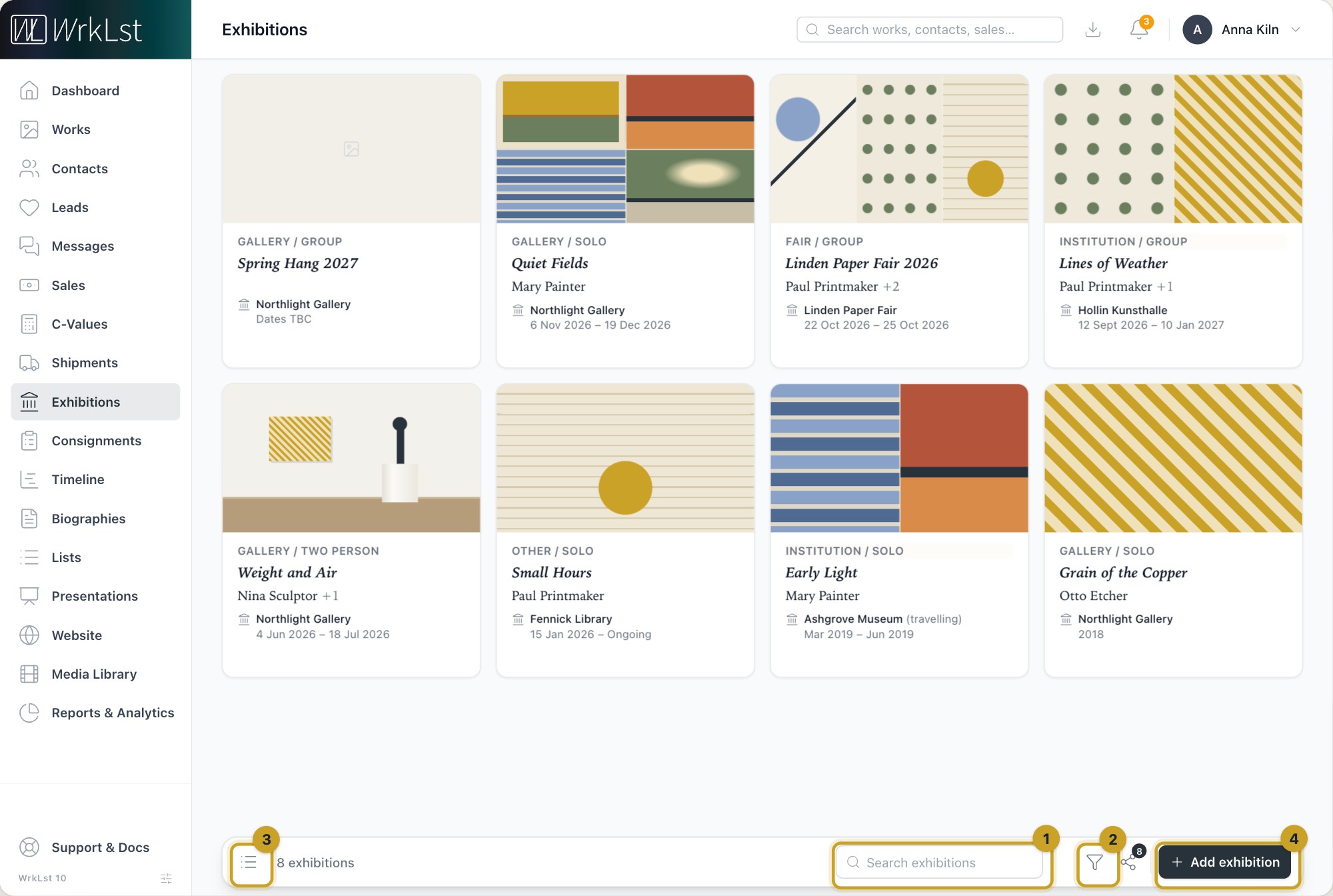The exhibitions list: 1 Search exhibitions · 2 Filter · 3 Table view · 4 Add exhibition