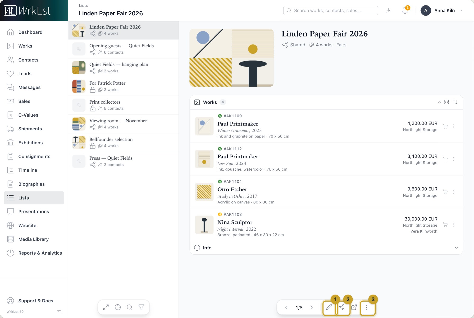 An open list: 1 Edit list · 2 Share / export as · 3 More actions