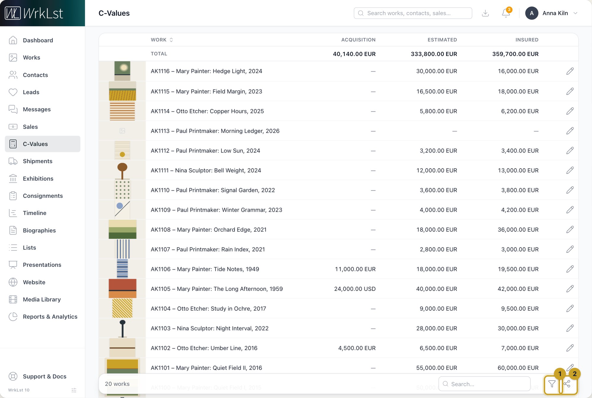 Collection Values: 1 Filter · 2 Share selection