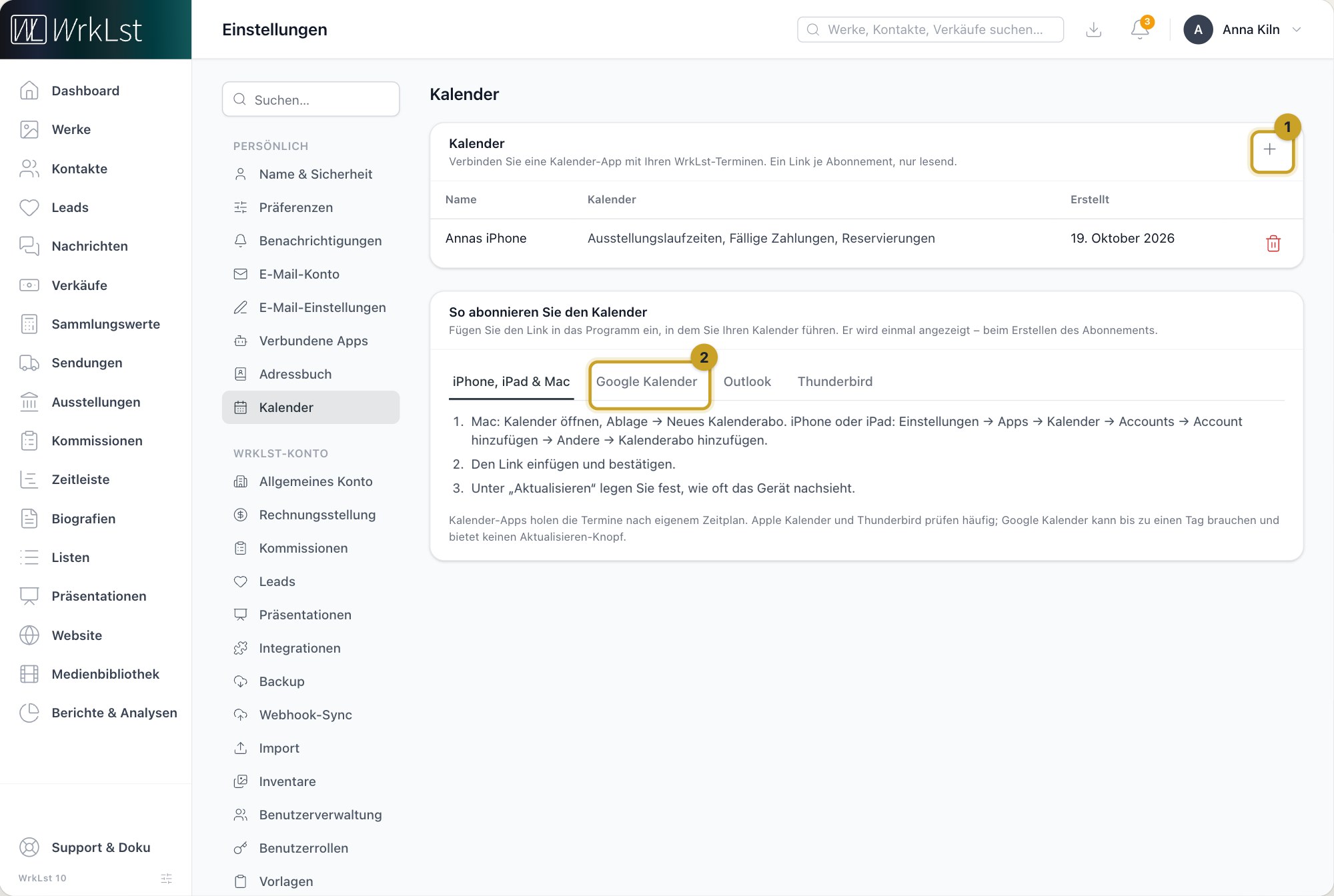 Einstellungen → Kalender: 1 Abonnement hinzufügen · 2 Google Kalender