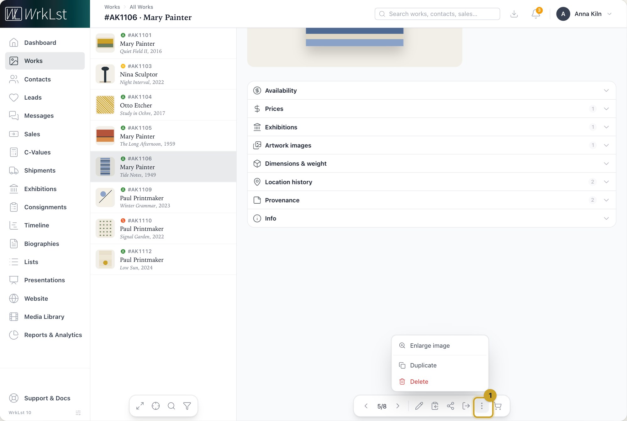 More actions on a work: 1 More actions
