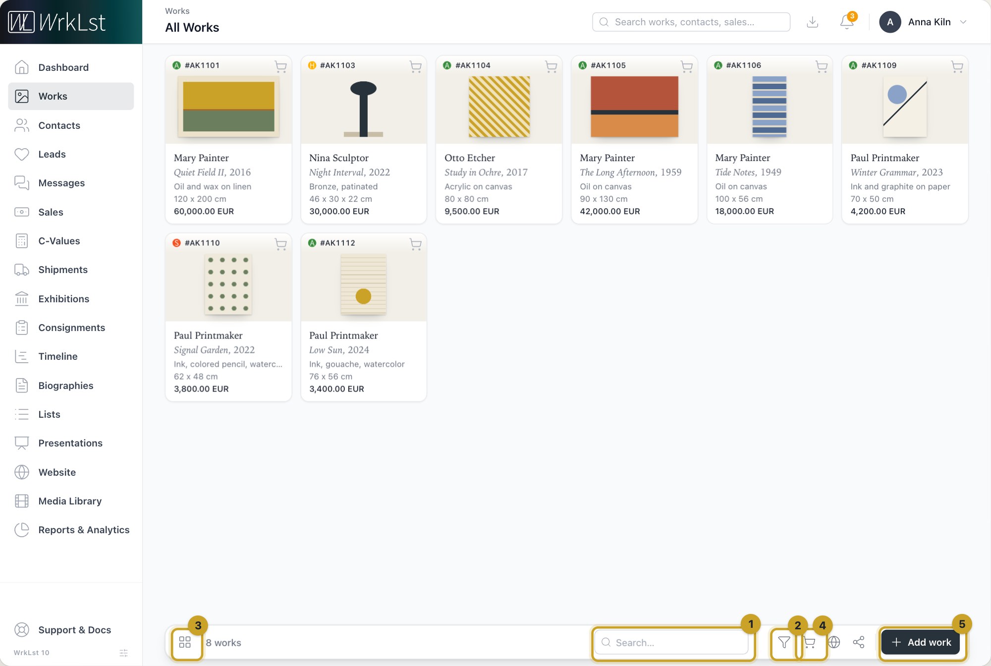 Open Works and choose: 1 Search… · 2 Filter · 3 Switch view · 4 Basket · 5 Add work