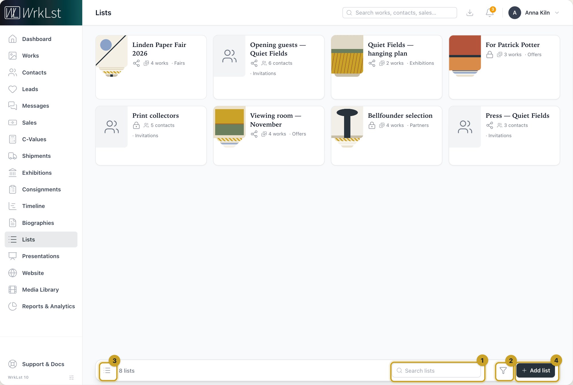 The lists overview: 1 Search lists · 2 Filter · 3 Table view · 4 Add list