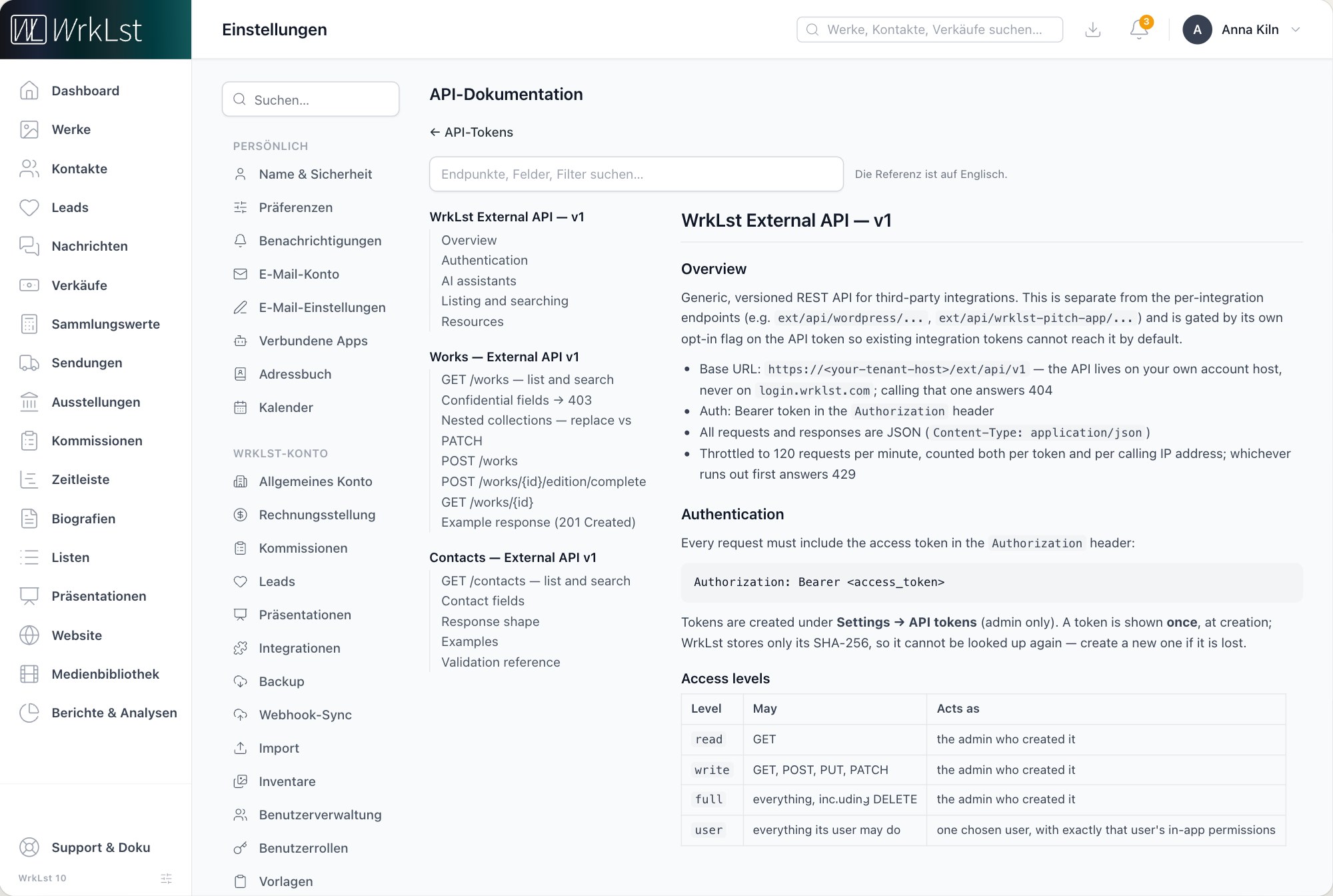 Einstellungen → API-Tokens → API-Dokumentation.