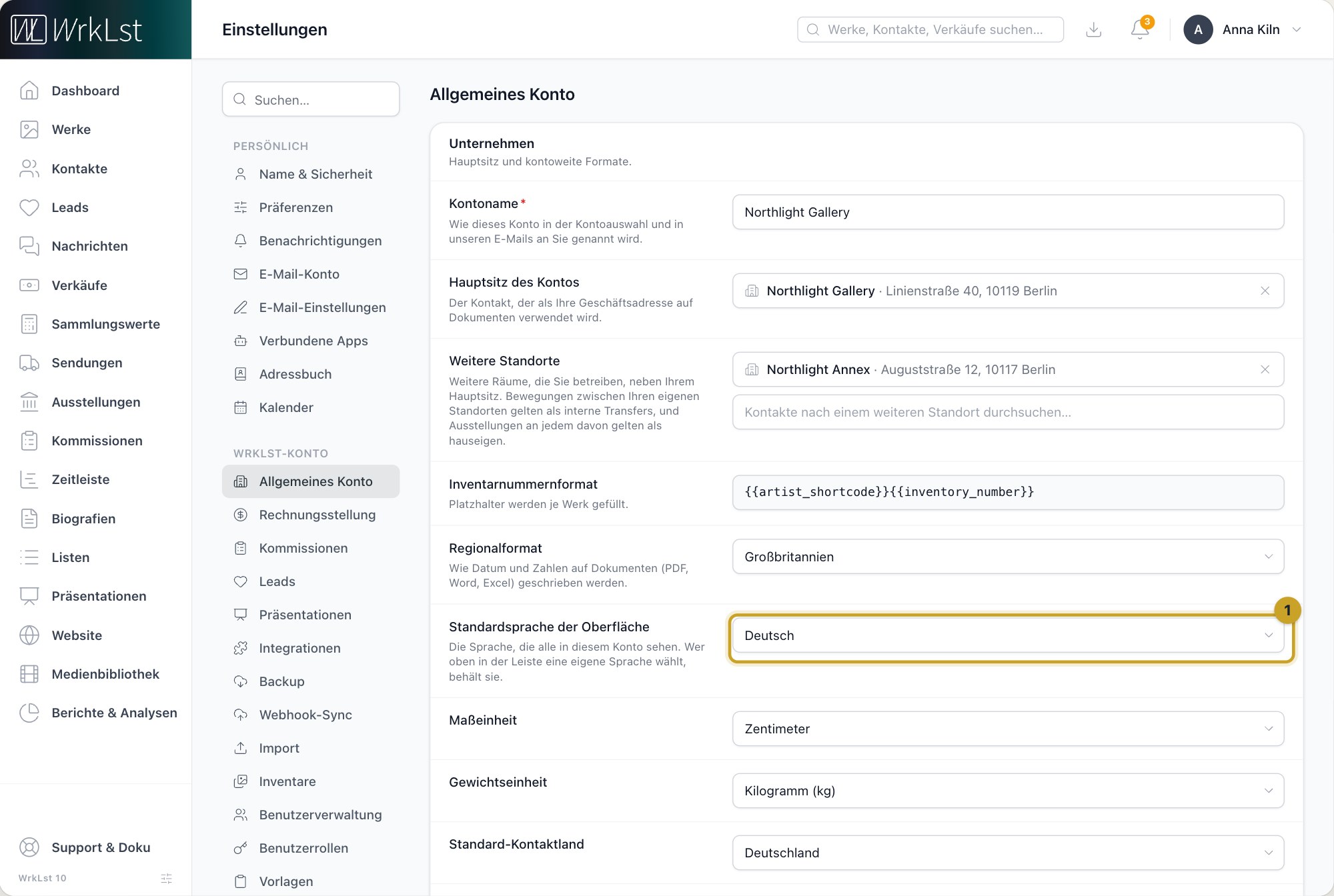 Einstellungen → Allgemeines Konto: 1 Standardsprache der Oberfläche