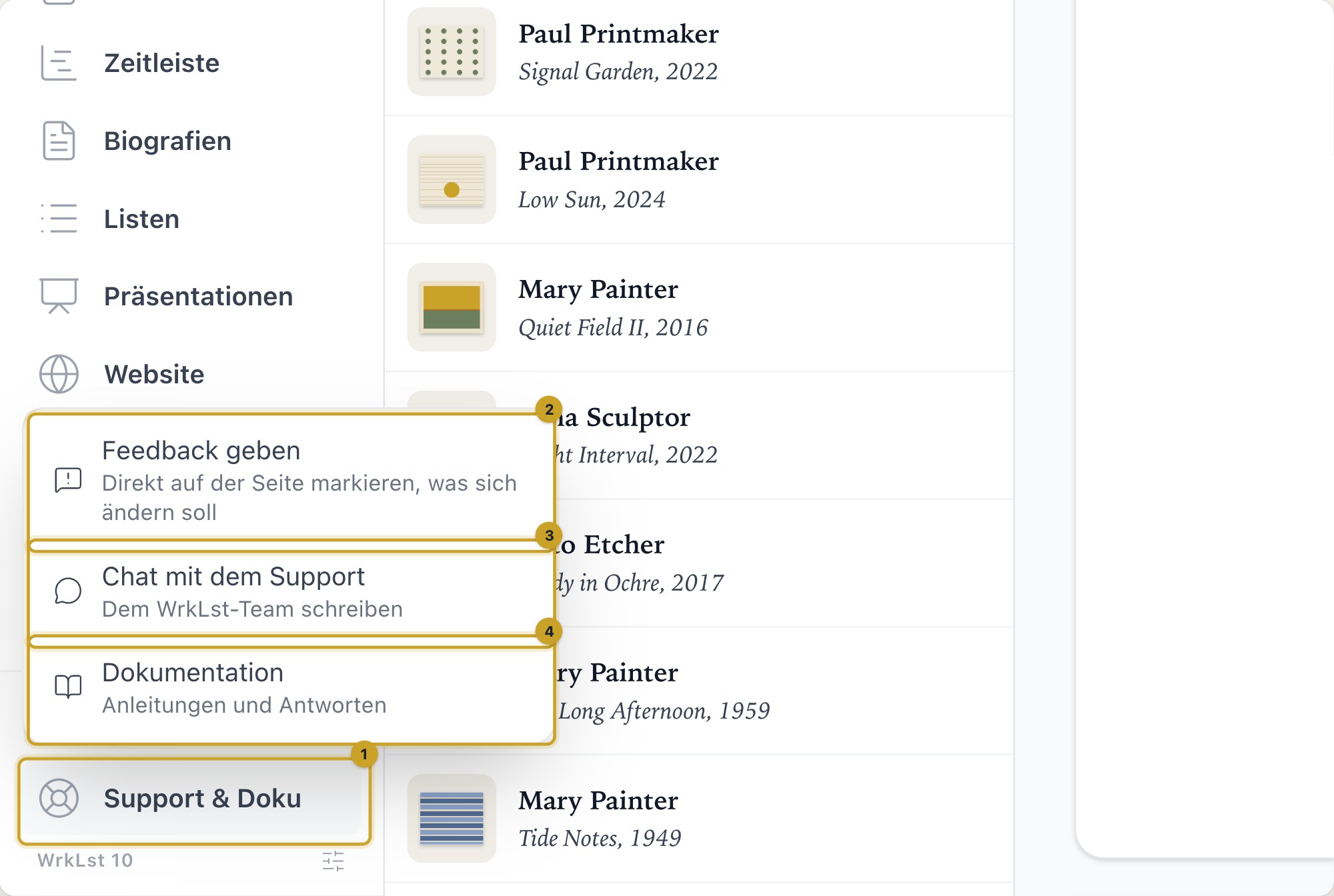 Das Hilfemenü am Fuß des Menüs: 1 Support & Doku · 2 Feedback geben · 3 Chat mit dem Support · 4 Dokumentation