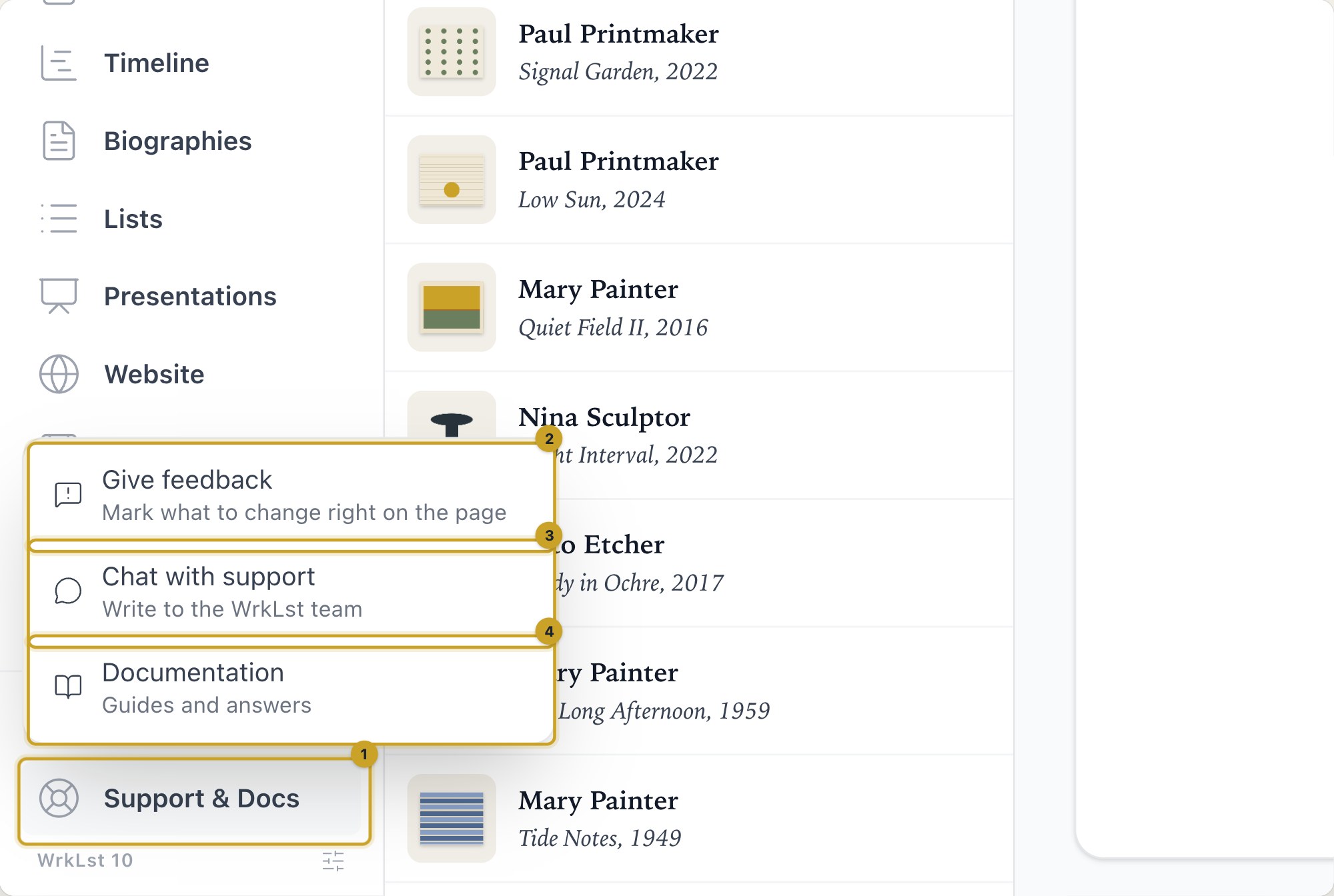 The help menu at the foot of the menu: 1 Support & Docs · 2 Give feedback · 3 Chat with support · 4 Documentation
