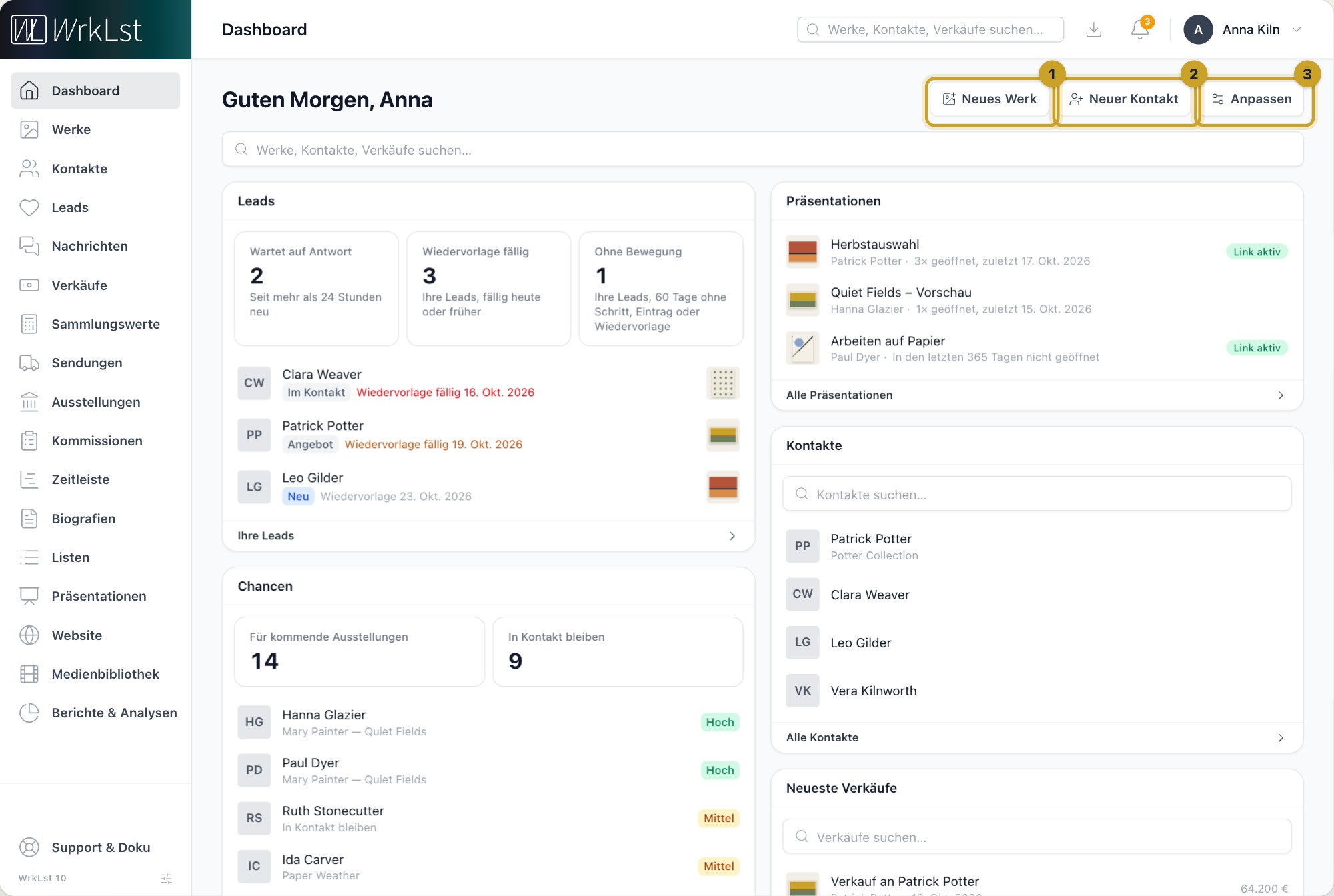 Das Dashboard: 1 Neues Werk · 2 Neuer Kontakt · 3 Anpassen