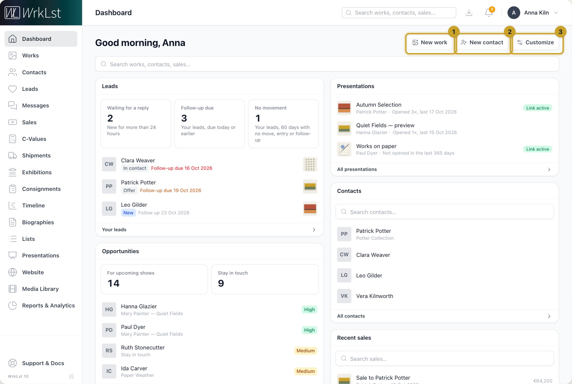 The dashboard: 1 New work · 2 New contact · 3 Customize