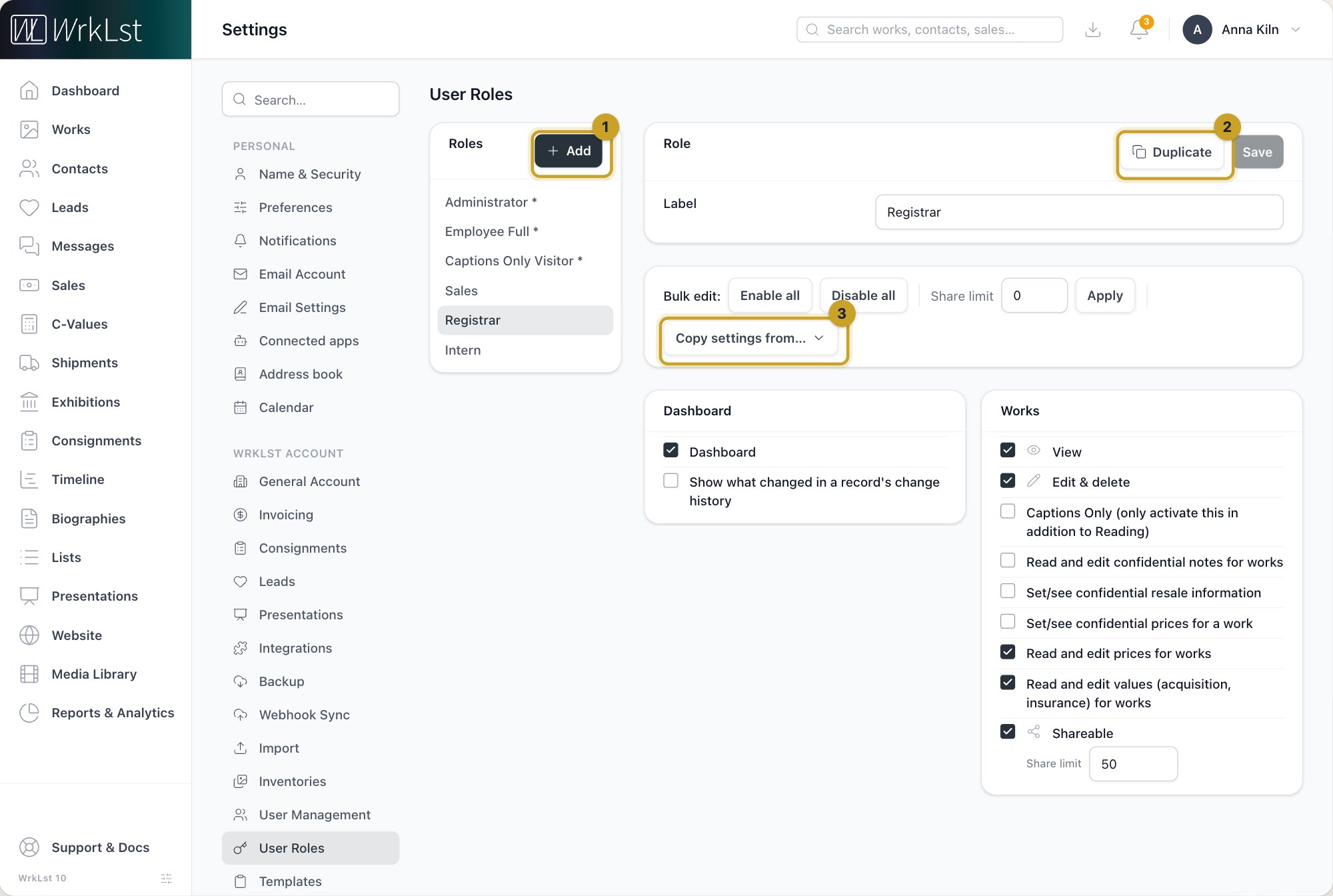 Settings → User Roles: 1 Add · 2 Duplicate · 3 Copy settings from…