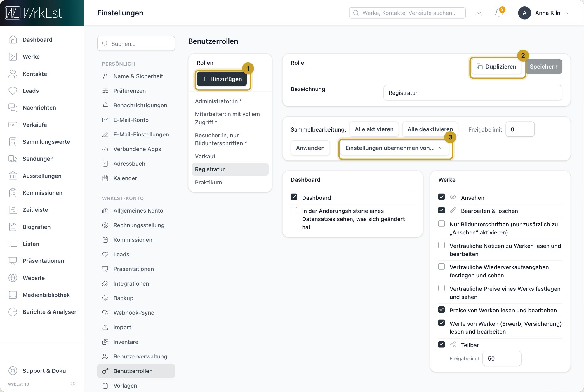 Einstellungen → Benutzerrollen: 1 Hinzufügen · 2 Duplizieren · 3 Einstellungen übernehmen von…