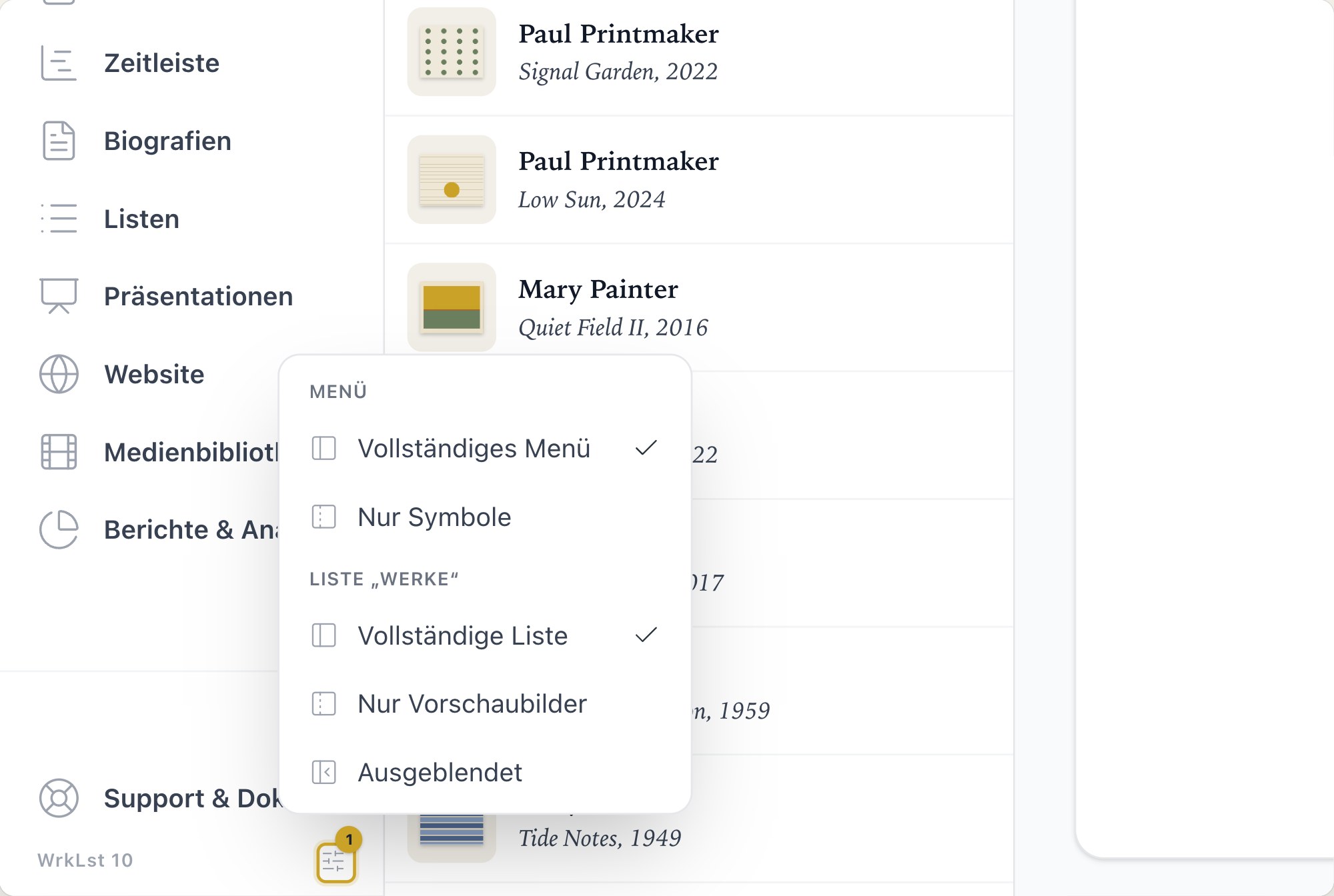 Layout-Einstellungen am Fuß des Menüs: 1 Layout-Einstellungen