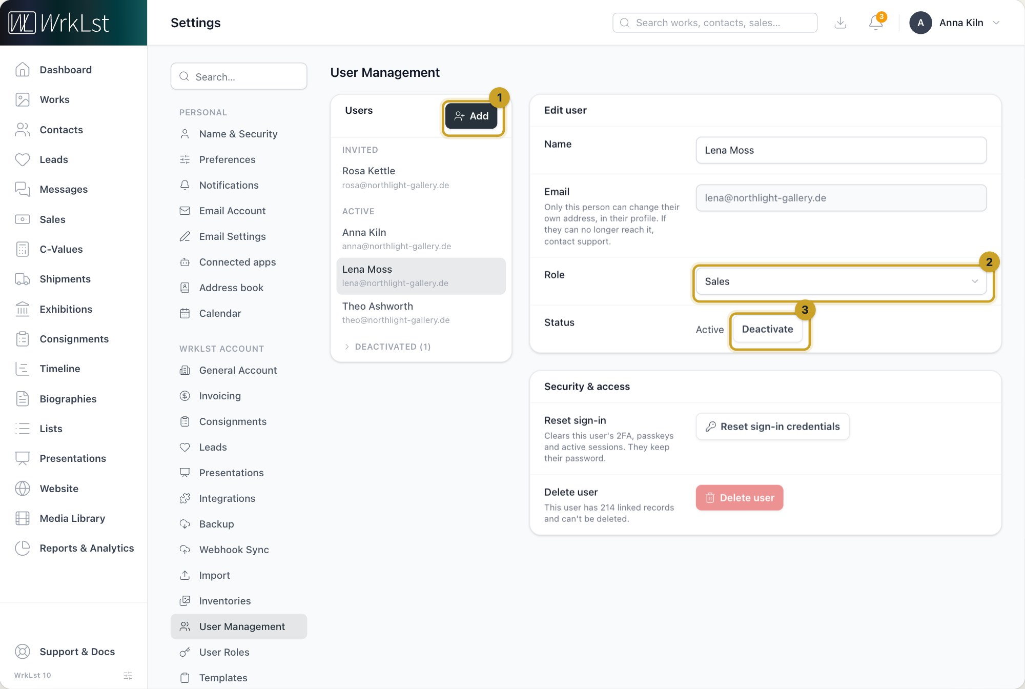 Settings → User Management: 1 Add · 2 Role · 3 Deactivate