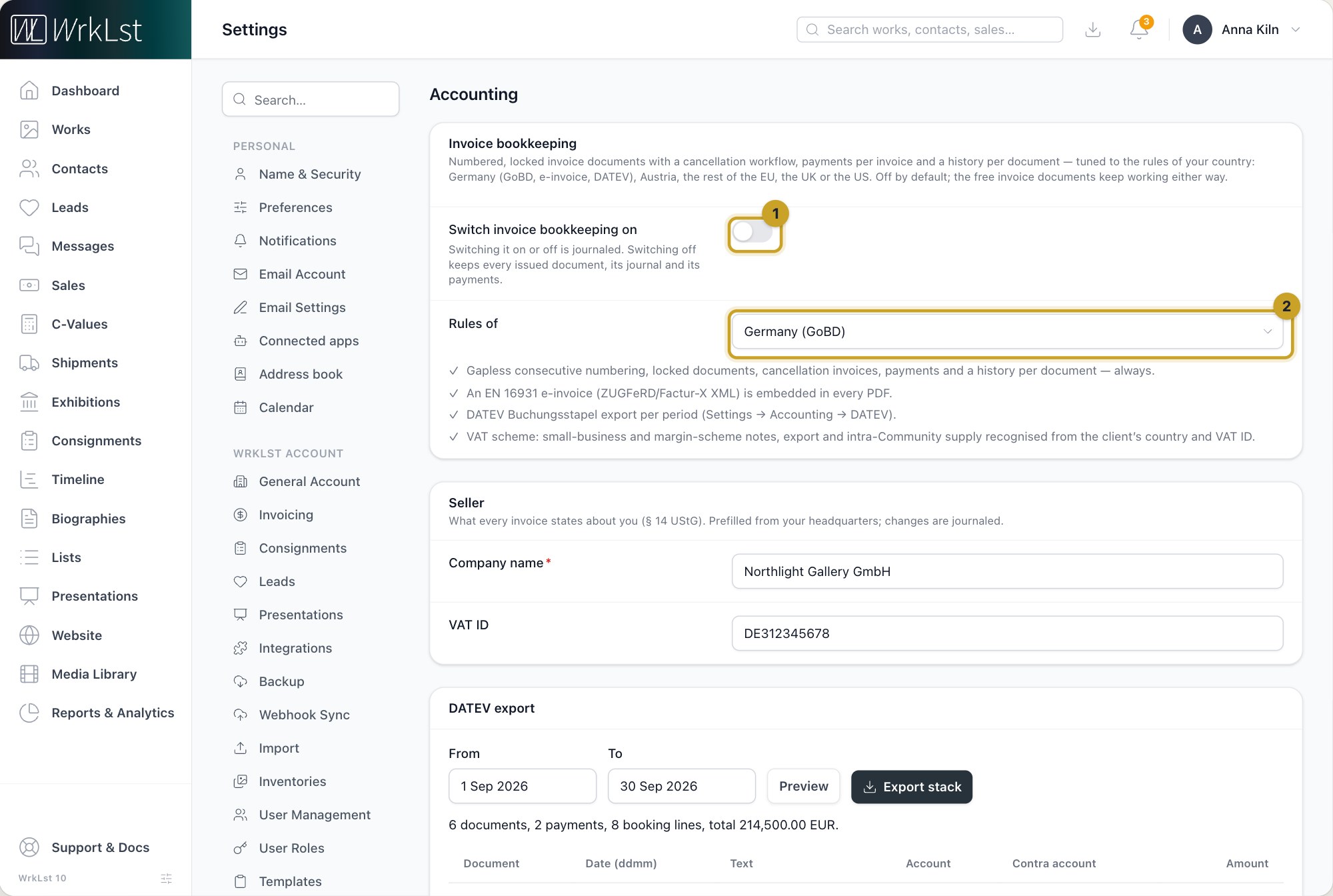Settings → Accounting: 1 Switch invoice bookkeeping on · 2 Rules of