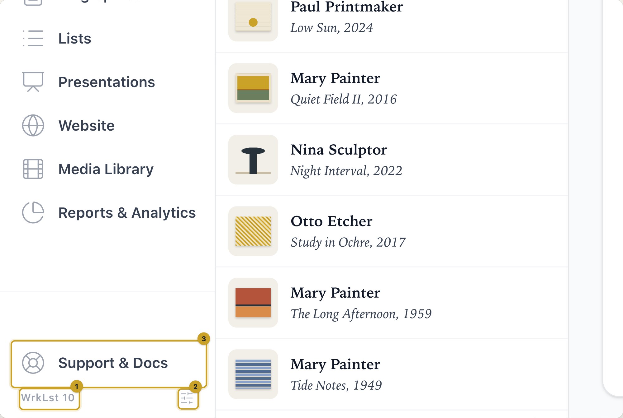 At the foot of the menu: 1 What's new in WrkLst 10 · 2 Layout settings · 3 Support & Docs