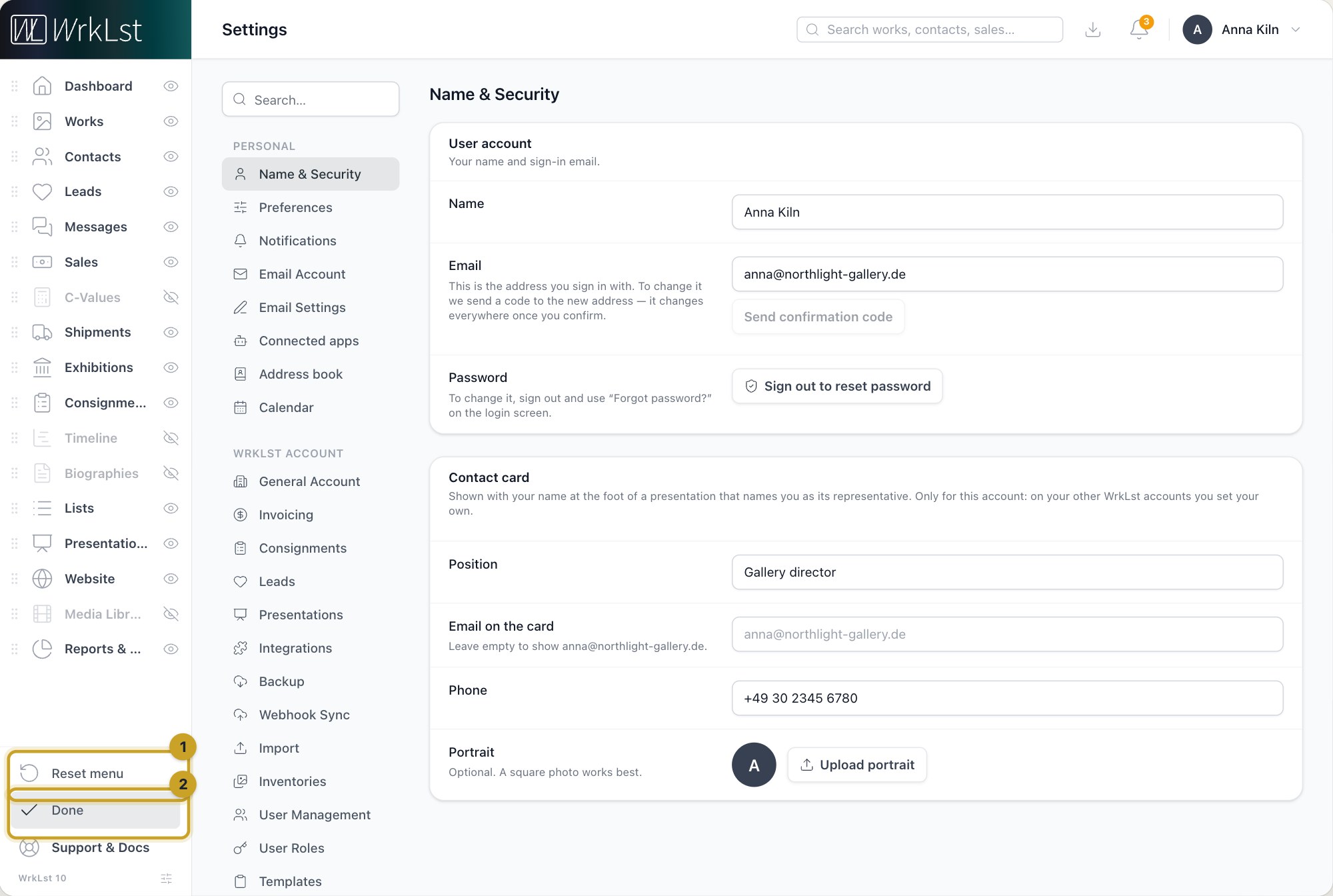 Customising the menu: 1 Reset menu · 2 Done