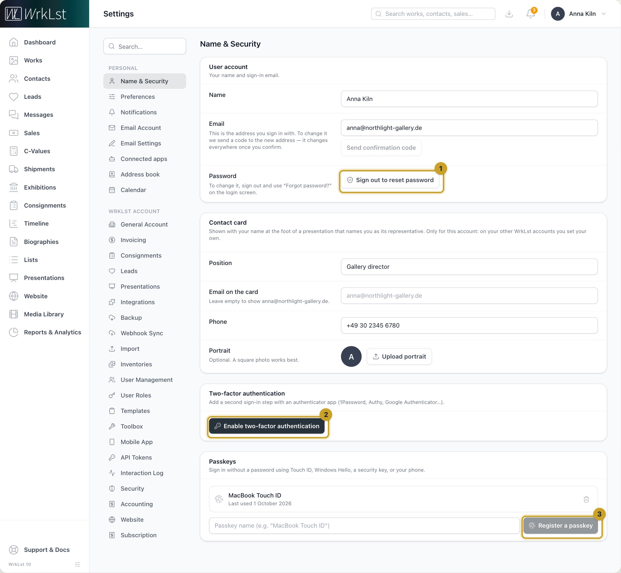 Name & Security: 1 Password · 2 Enable two-factor authentication · 3 Register a passkey