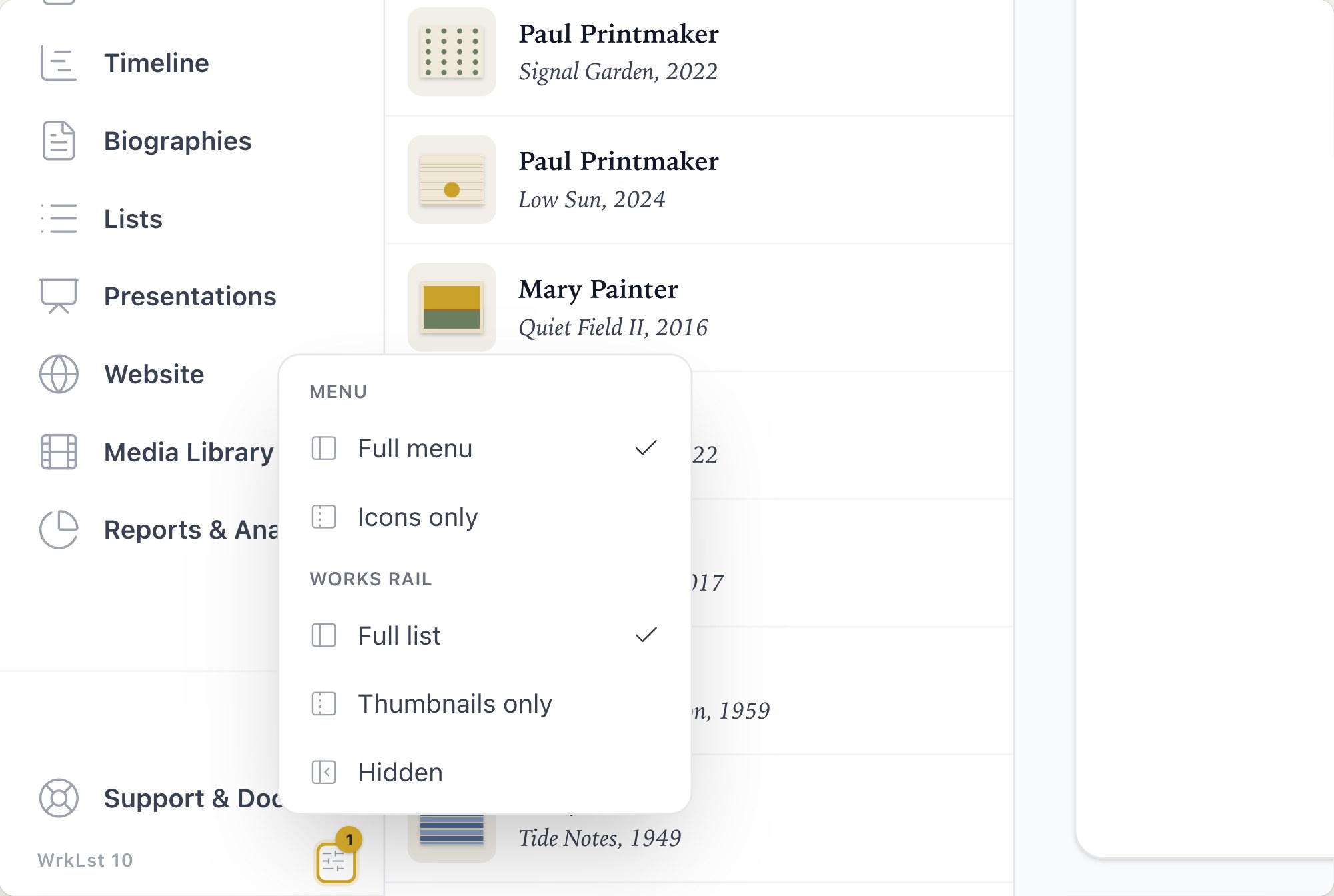 Layout settings at the foot of the menu: 1 Layout settings