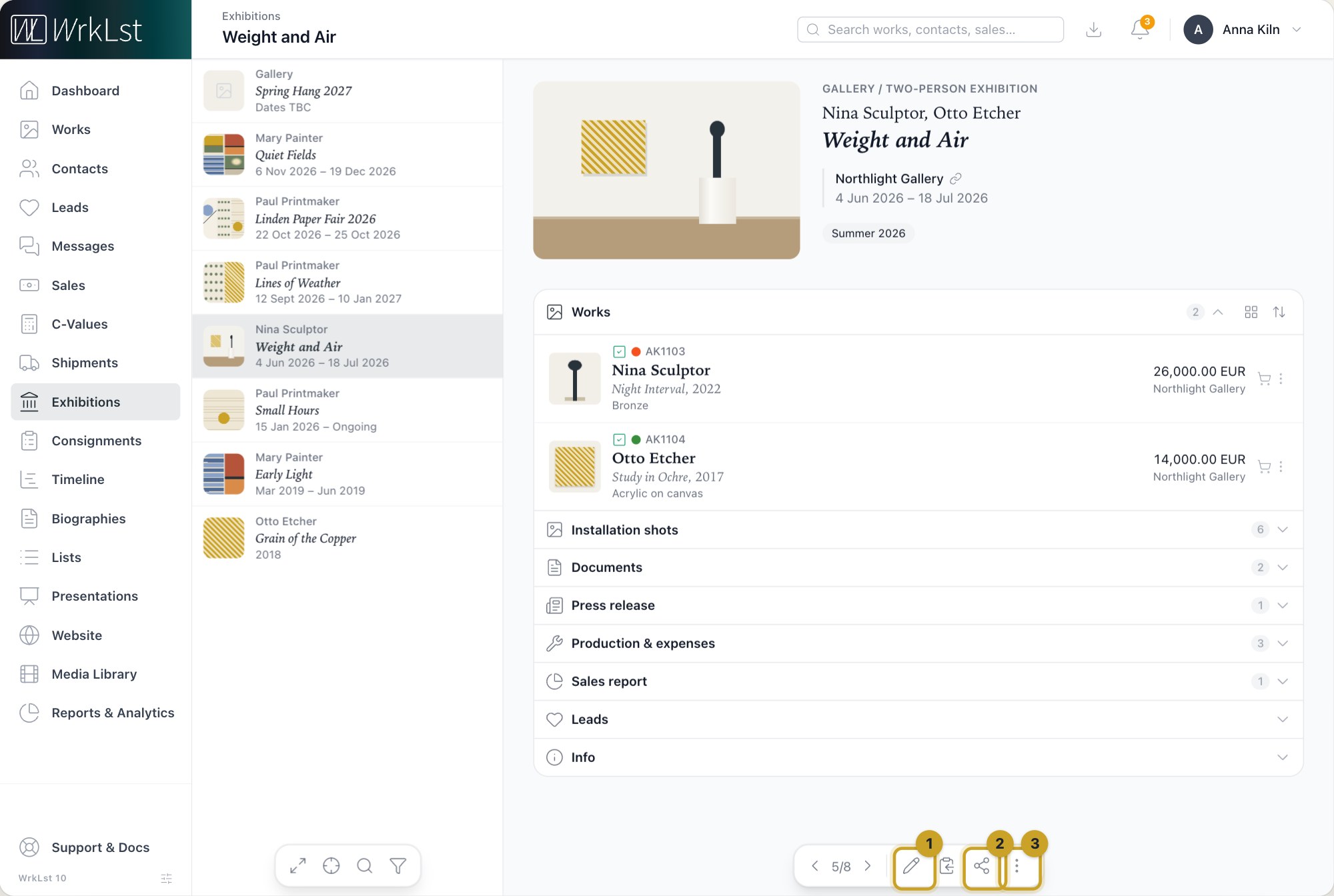 An exhibition record: 1 Edit exhibition · 2 Share / export as · 3 More actions