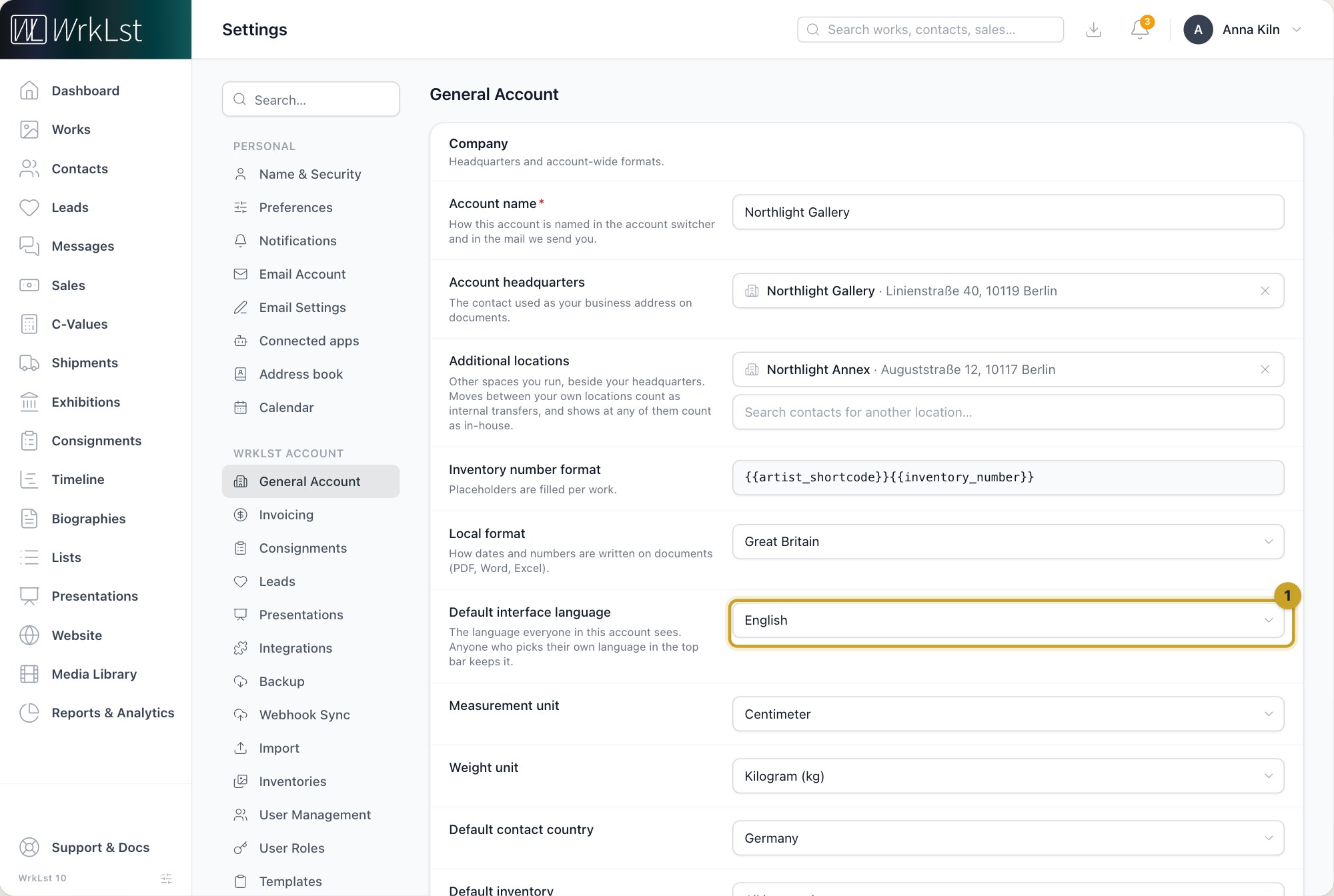 Settings → General Account: 1 Default interface language